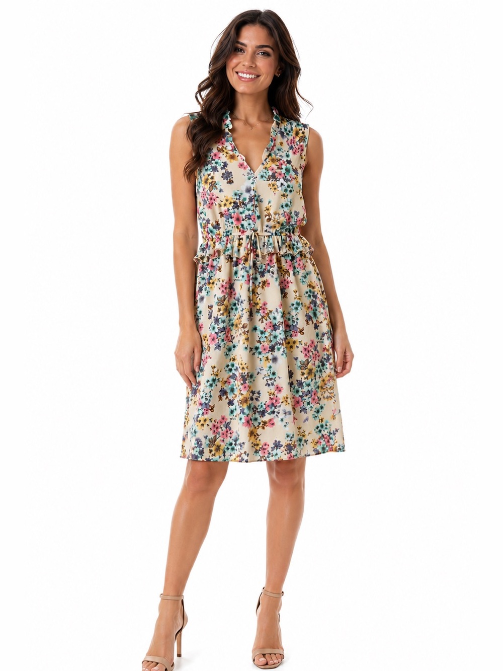 Floral Cream Sleeveless Midi Dress with Gathered Waist